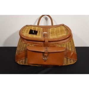 Vintage Wicker Basket Leather Trim Handle Buckle Closure Picnic Travel